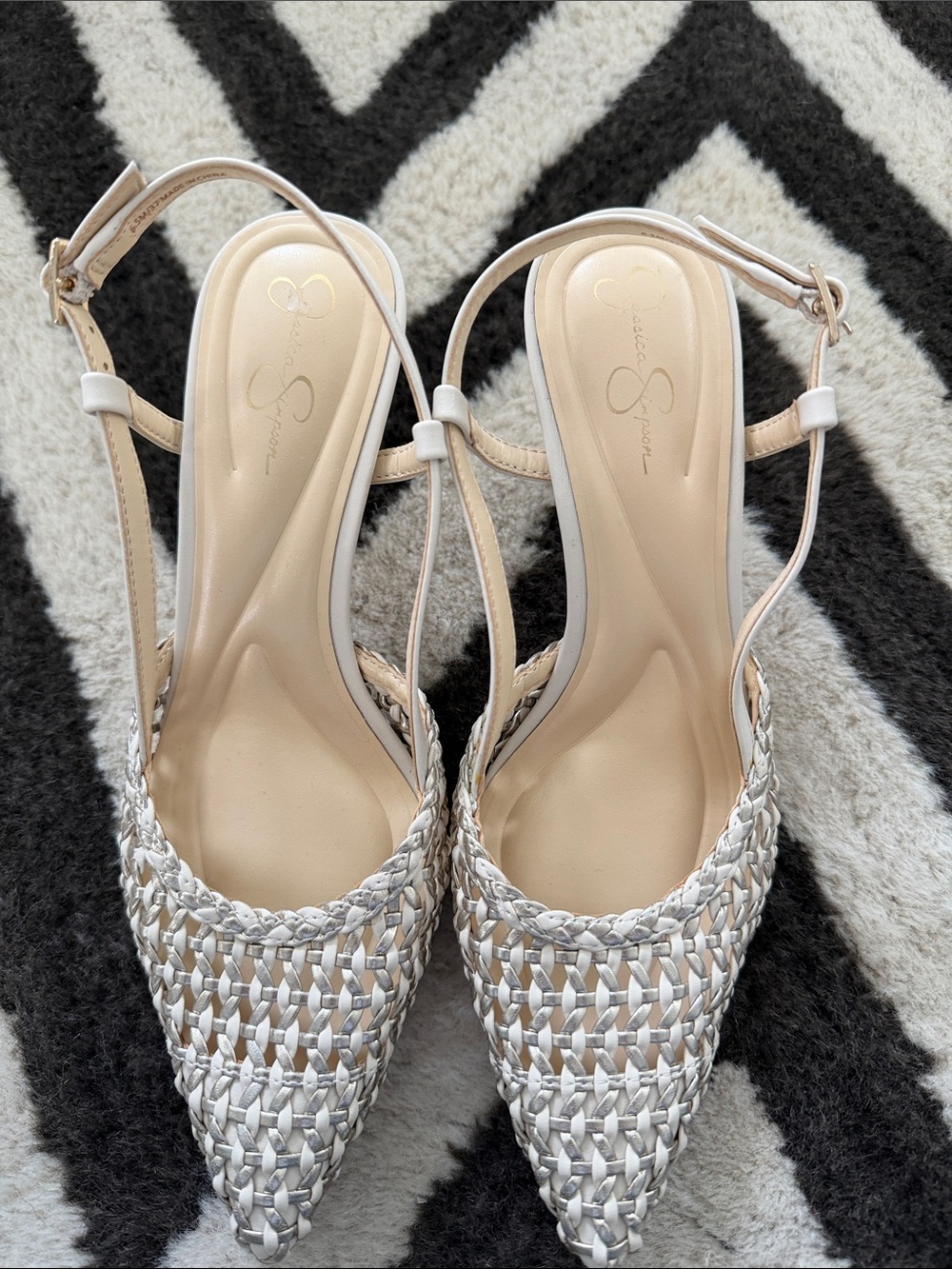 Jessica Simpson Cream and Silver Braided Slingback Heels